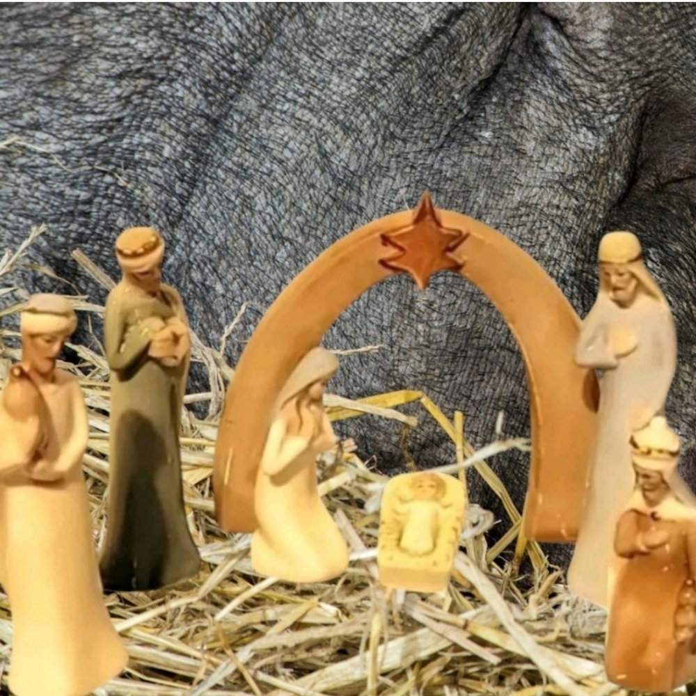 Vintage Porcelain Nativity Set, 7 Piece Ceramic Figurines Christmas White Blue